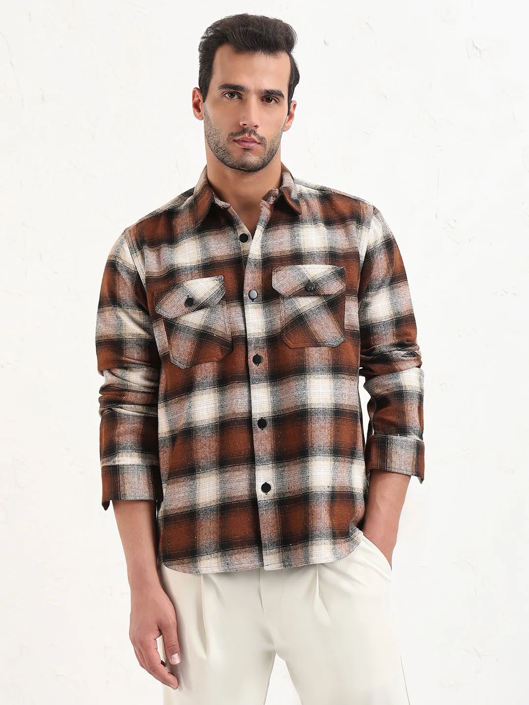 Cool Style Men's Brown Checked Slim Fit Shacket
