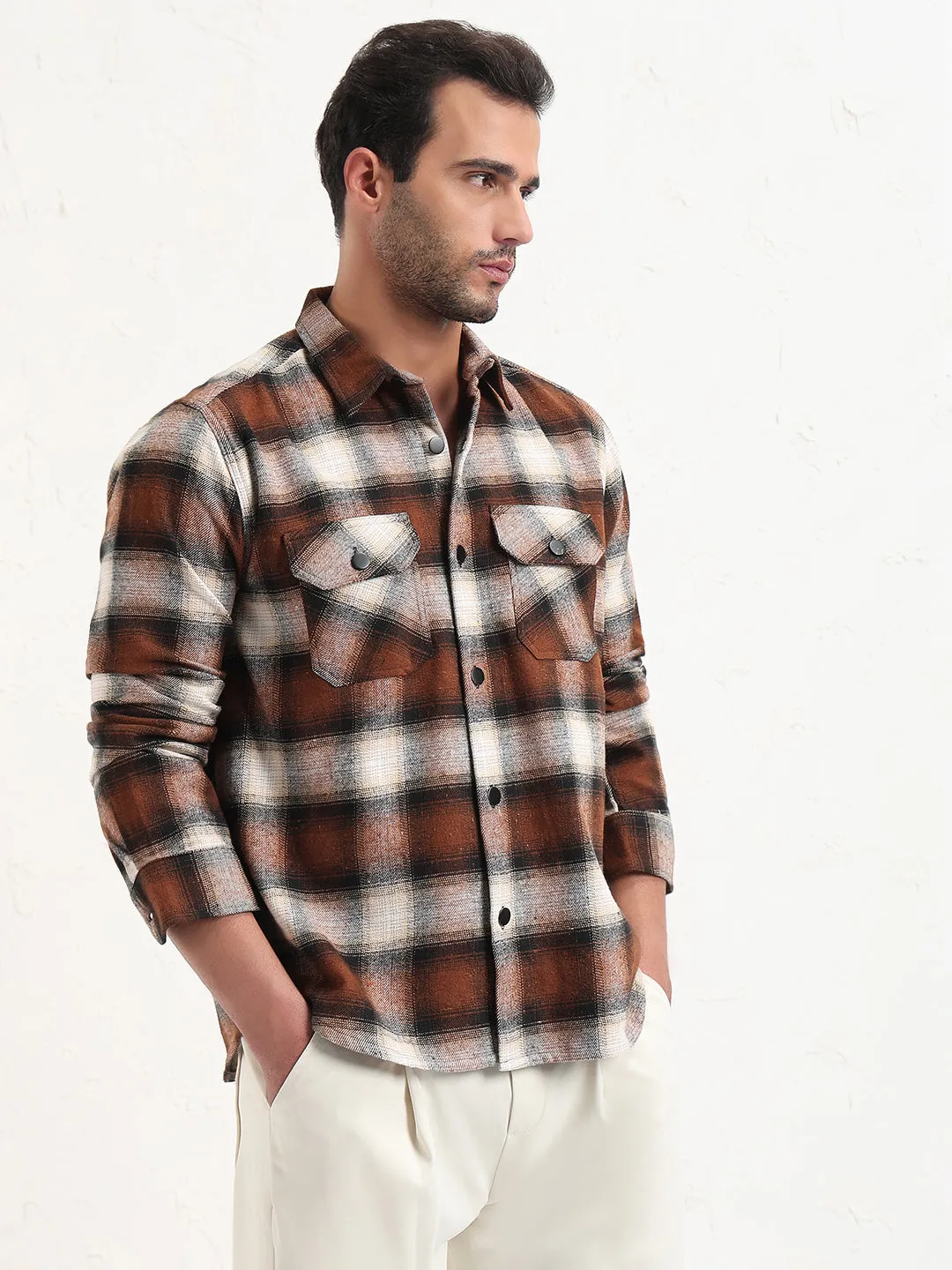 Men's Brown Checked Slim Fit Shacket Outdoor Essentials