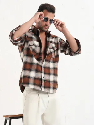 Men's Brown Checked Slim Fit Shacket Adaptable