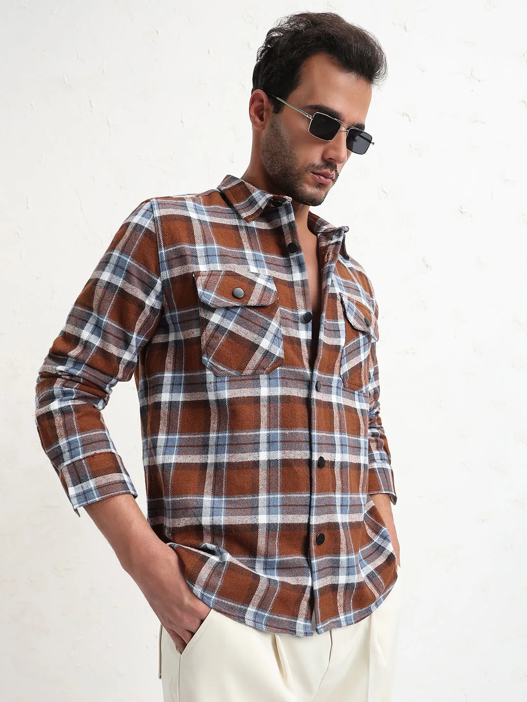 Men's Brown Checked Slim Fit Shacket Light Stretch