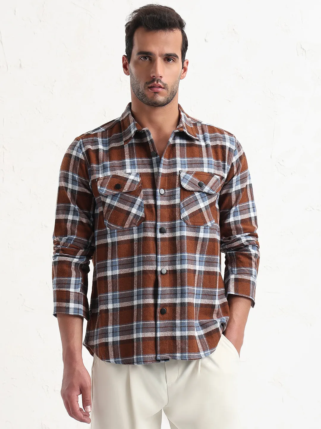 Men's Brown Checked Slim Fit Shacket Tubular Knit Structure Daily Comfort
