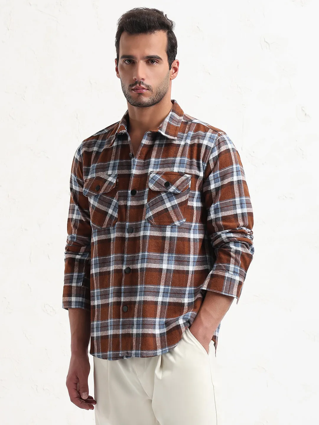 Comfy Top Men's Brown Checked Slim Fit Shacket