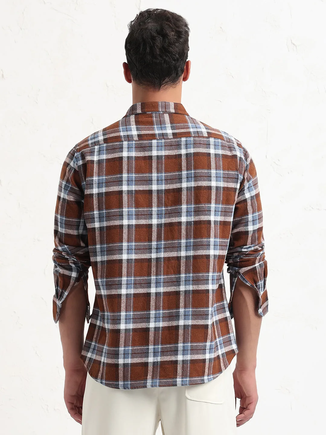 Stylish piece Street Casual Men's Brown Checked Slim Fit Shacket