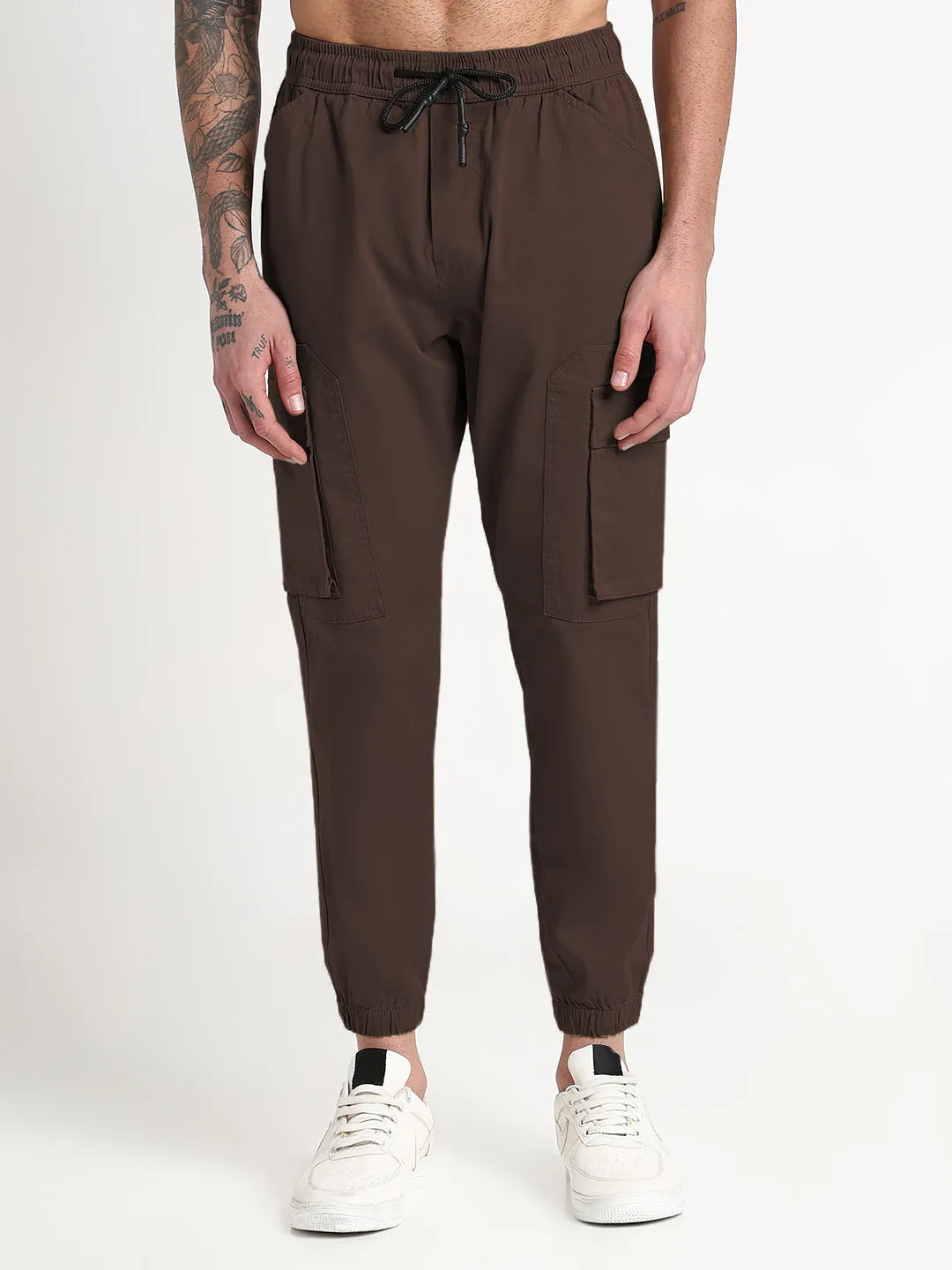 Men's Brown Slim Fit Joggers with Side Pockets AdjustableDrawstring