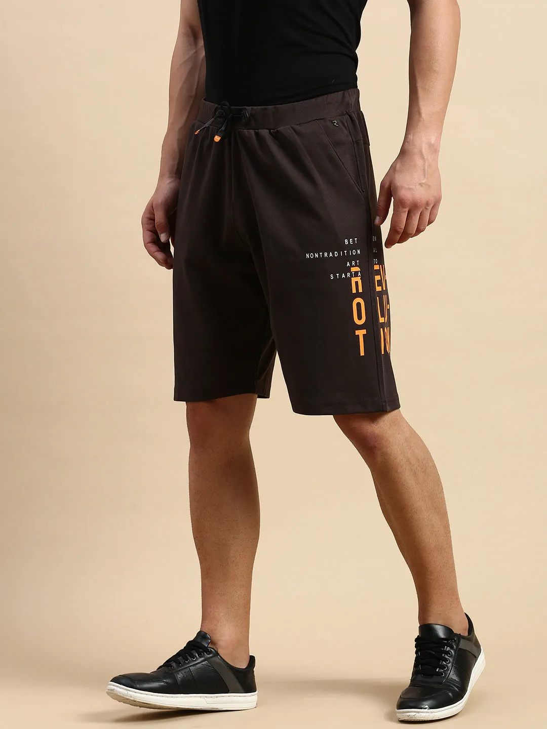Beach Vibes Men's Brown Typography Printed Mid-Rise Sports Shorts