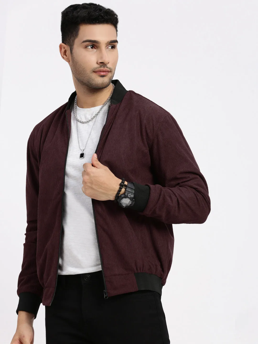 Easy Comfort Cozy Comfort Men's Burgundy Mandarin Collar Colour blocked Corduroy Bomber Jacket