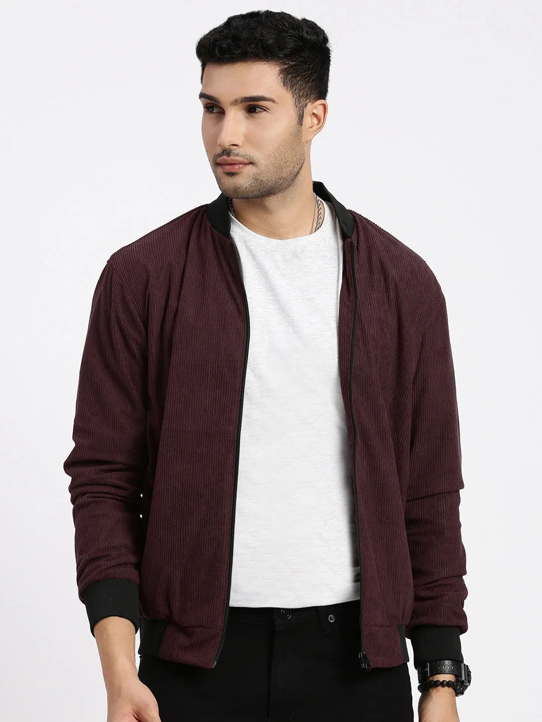 Casual Feel Men's Burgundy Mandarin Collar Colour blocked Corduroy Bomber Jacket