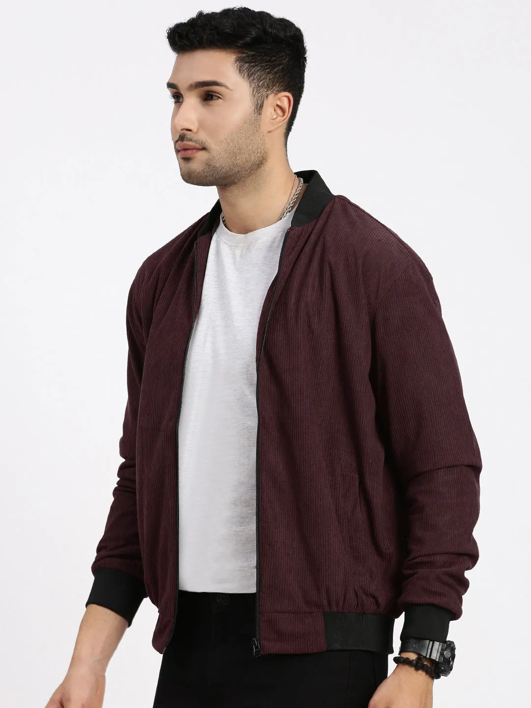Eco Friendly Coating Anti Pilling Men's Burgundy Mandarin Collar Colour blocked Corduroy Bomber Jacket
