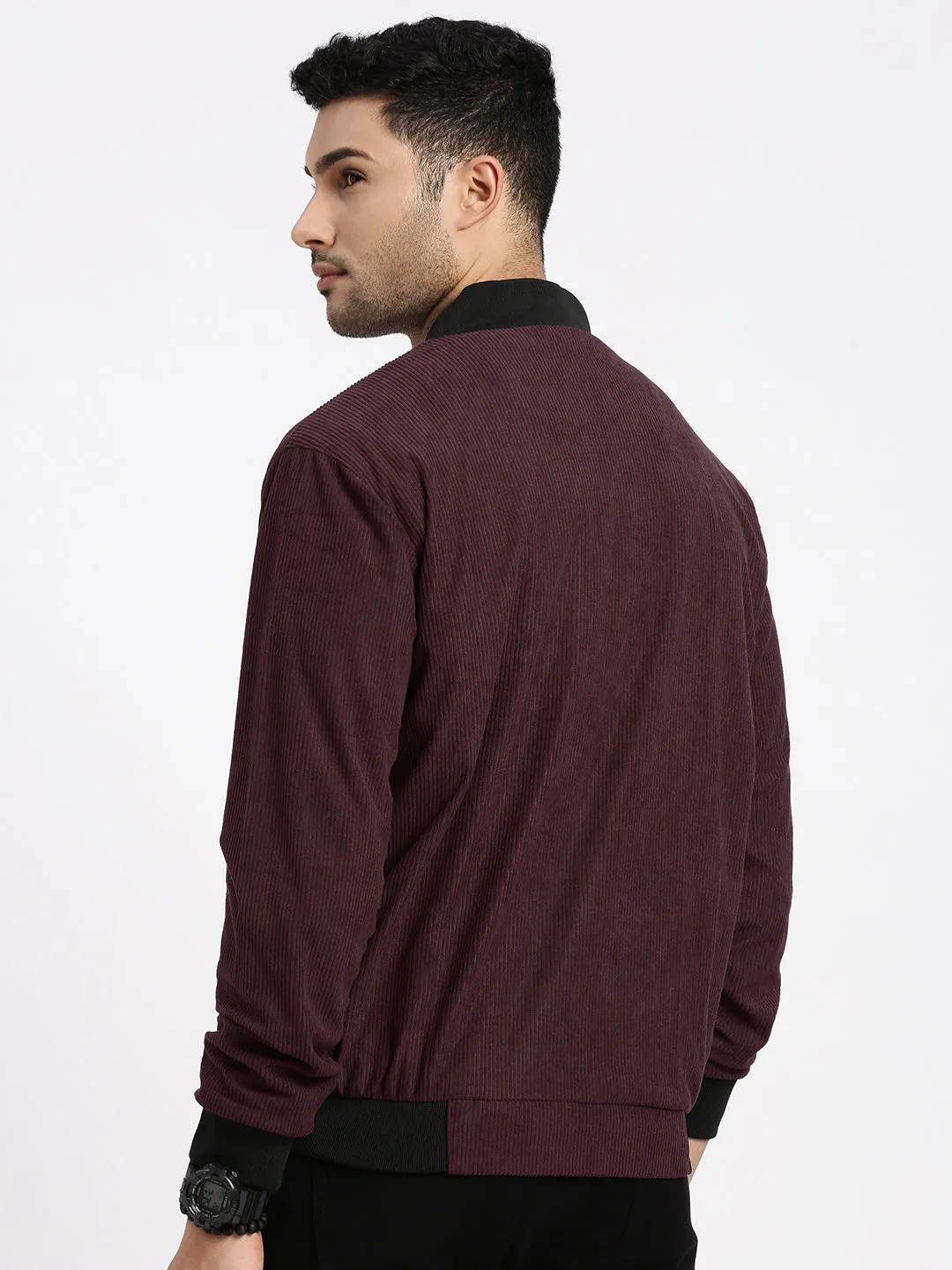 Ethical Manufacturing PFC Free Treatment Men's Burgundy Mandarin Collar Colour blocked Corduroy Bomber Jacket