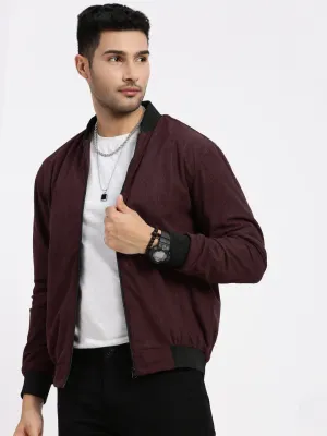 Easy Comfort Cozy Comfort Men's Burgundy Mandarin Collar Colour blocked Corduroy Bomber Jacket