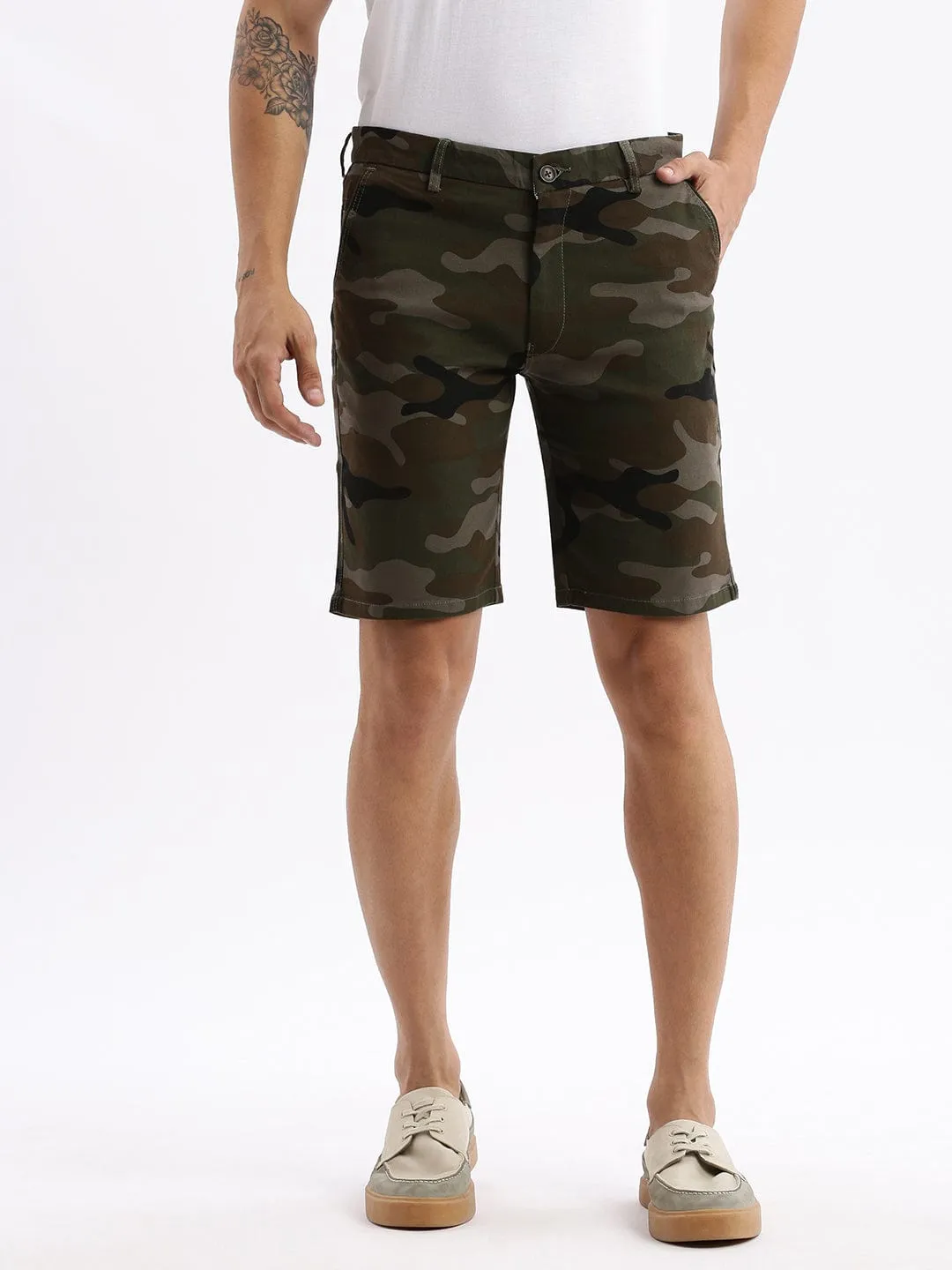 Stretch Movement Men's Camouflage Green Cotton Shorts