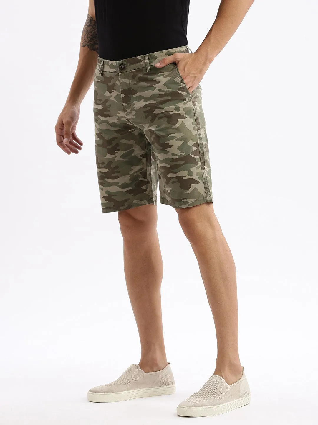Men's Camouflage Olive Cotton Shorts Metallic accents Breezy Layer