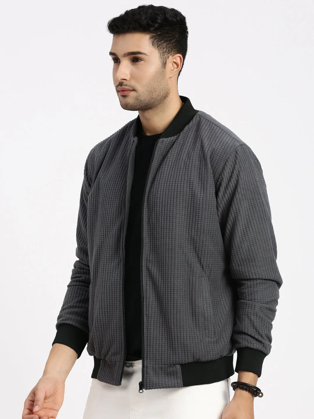Men's Charcoal Solid Bomber Jacket Compression Fit Cold Days