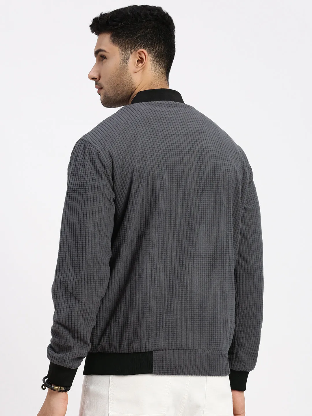 Men's Charcoal Solid Bomber Jacket Sporty Layers