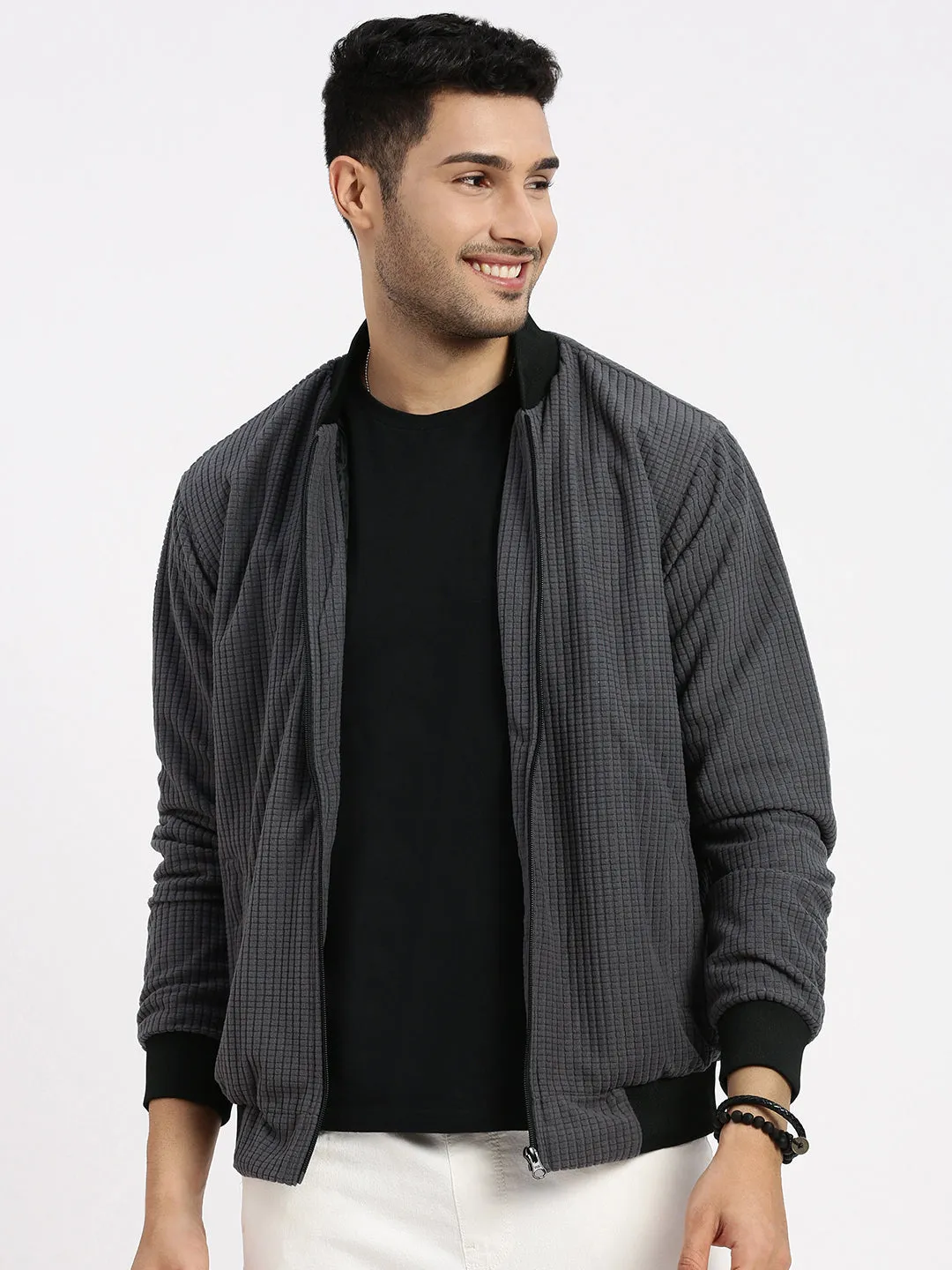 Adjustable Cuff System Men's Charcoal Solid Bomber Jacket
