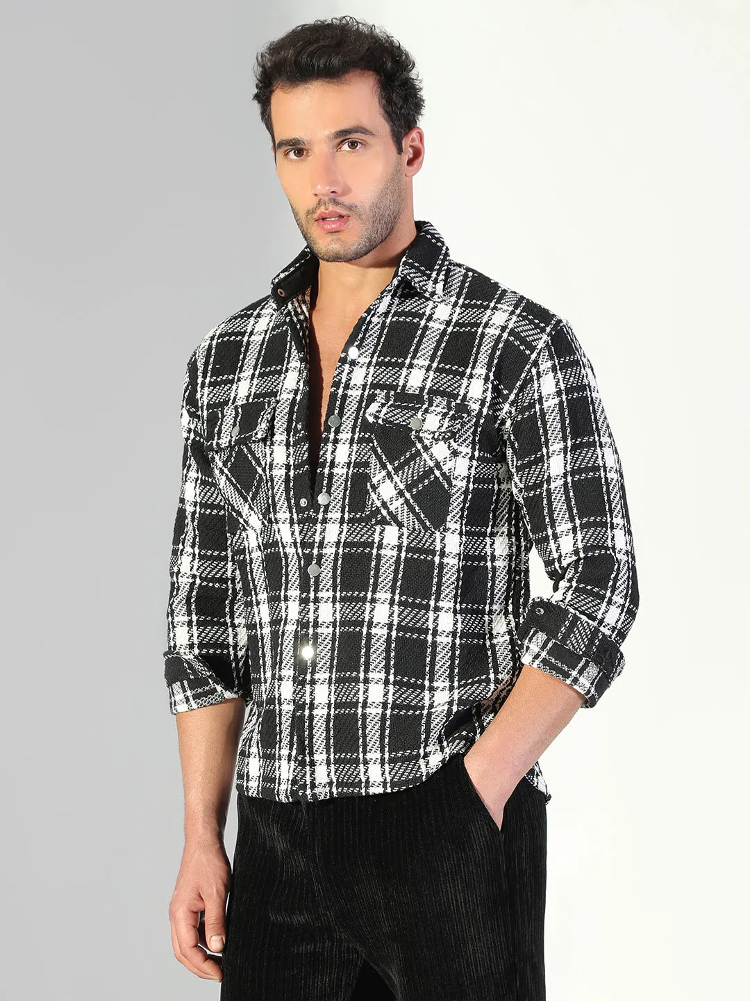 Men's Checked Black & Off White Shacket in demand
