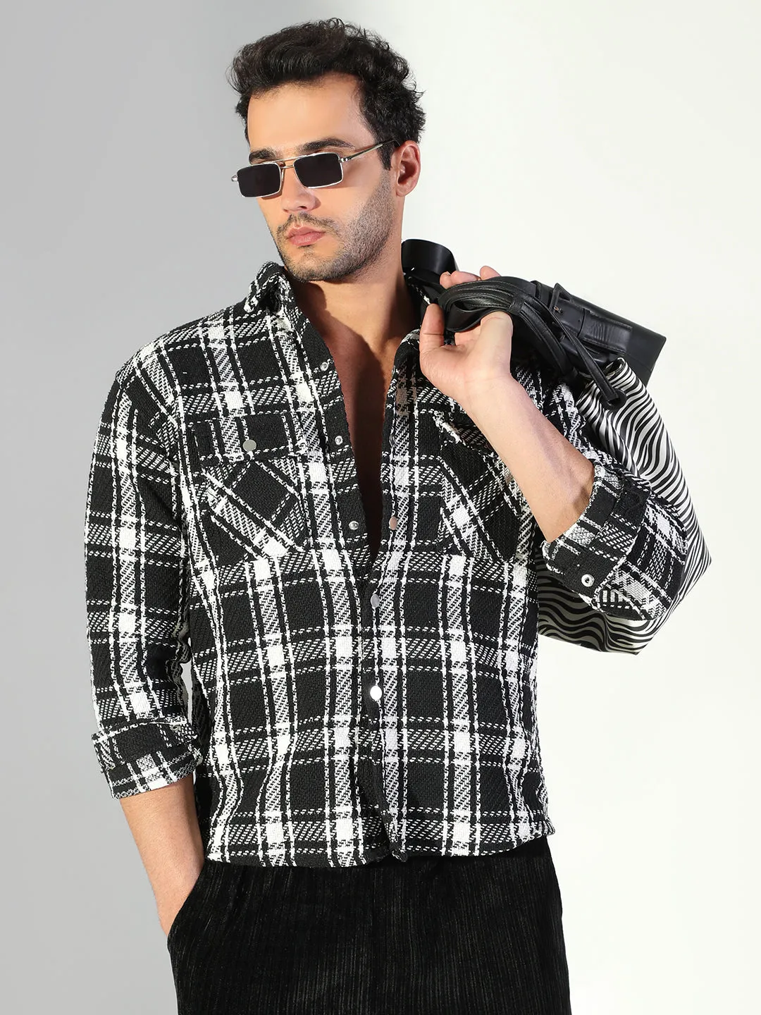 Anti Odor Treatment Men's Checked Black & Off White Shacket