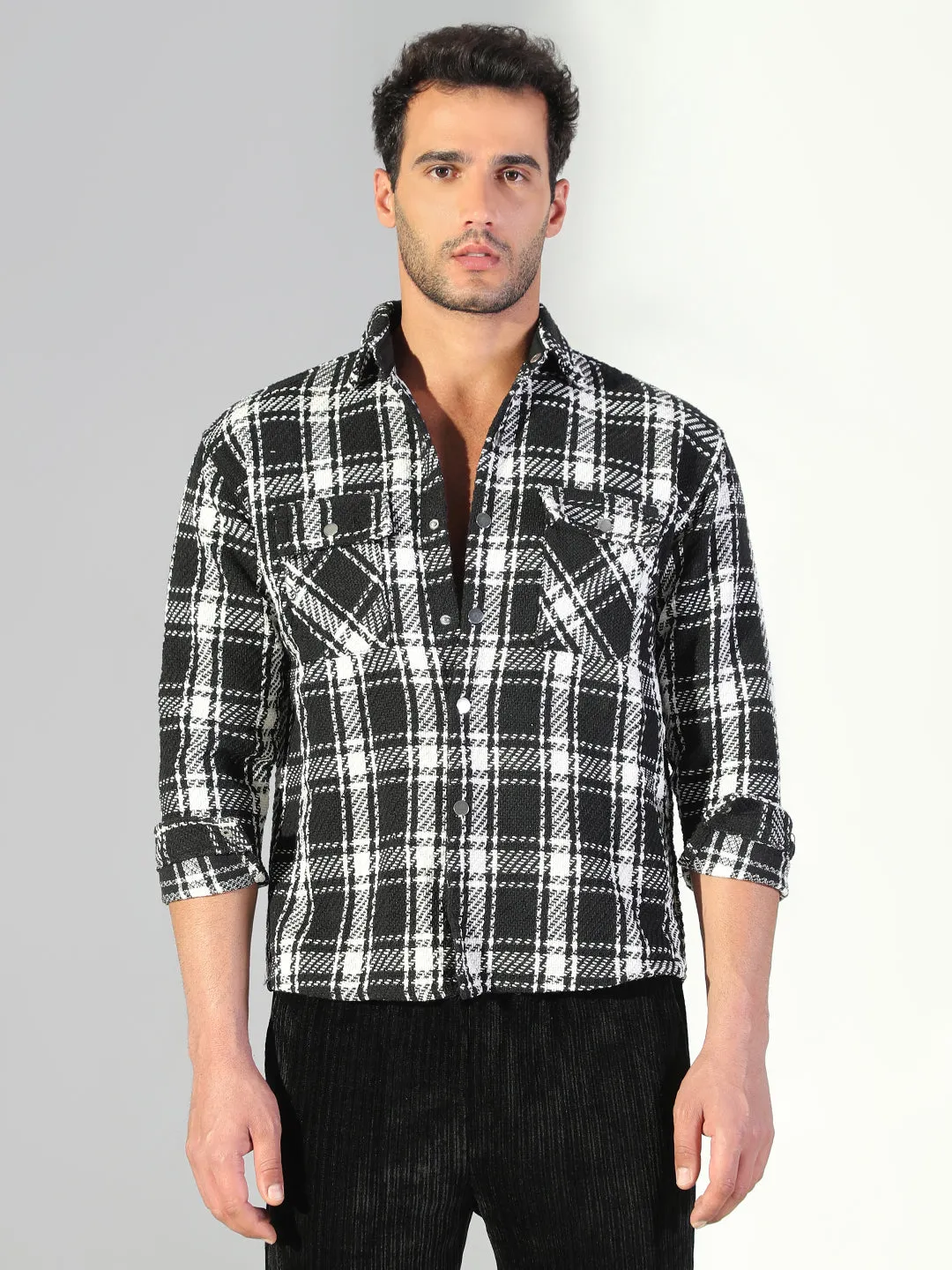 Pre Shrunk Fabric Men's Checked Black & Off White Shacket