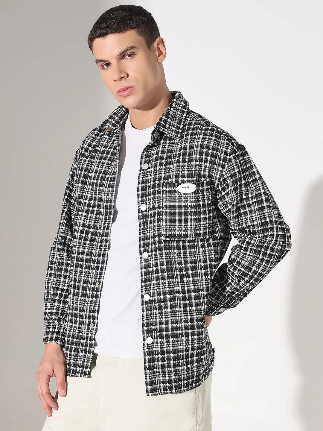 Men's Checked Black Relaxed Fit Shirt Classic Layer