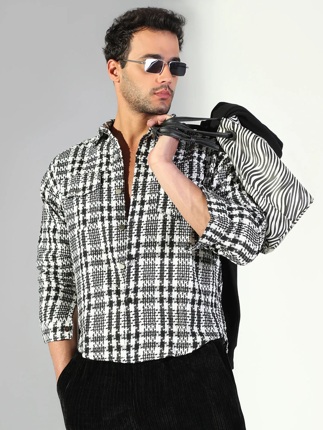 Lightweight Fabric Soft and Stretchy Men's Checked Black Shacket with Pockets