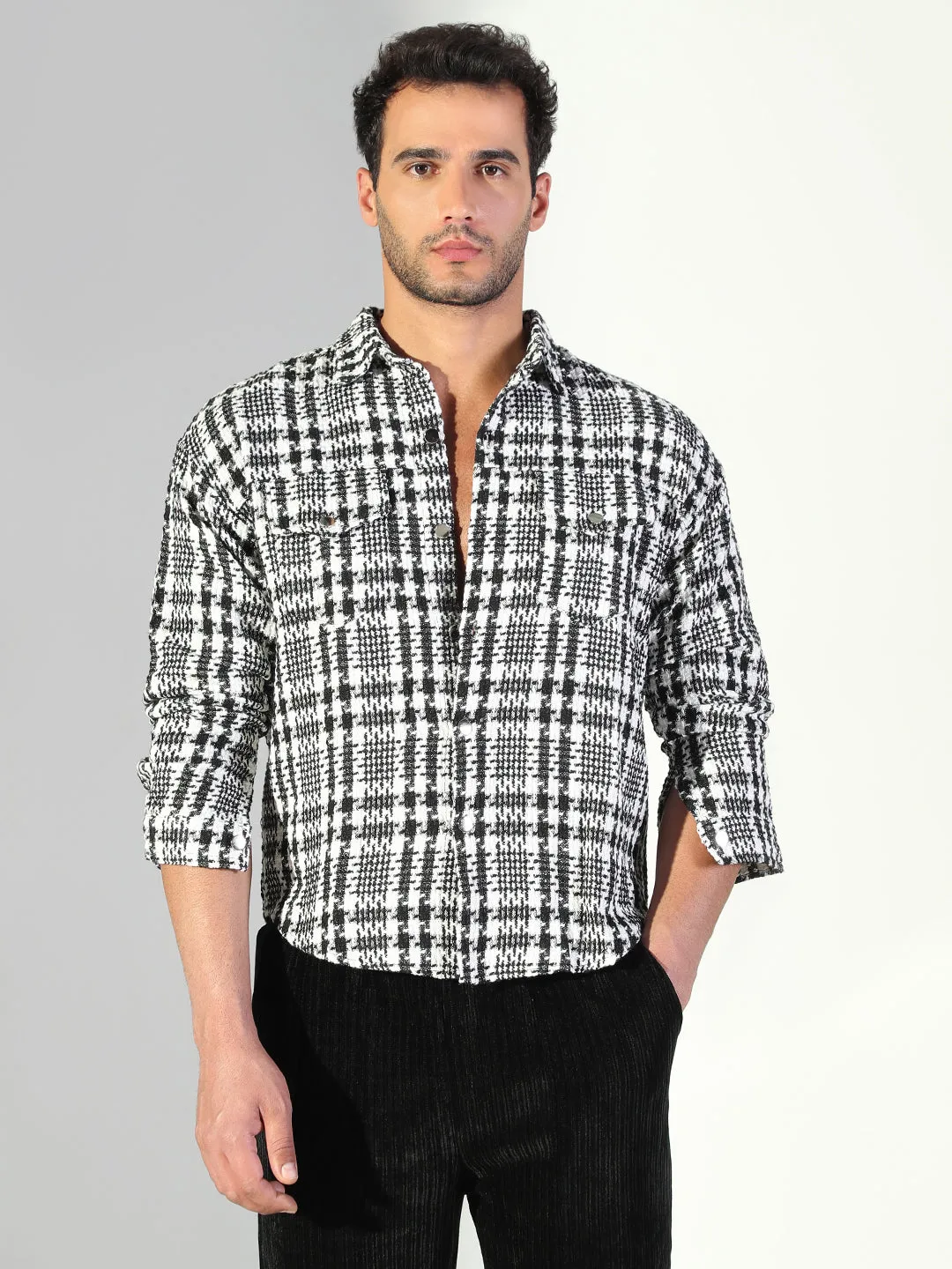 Men's Checked Black Shacket with Pockets Essential Style Wear