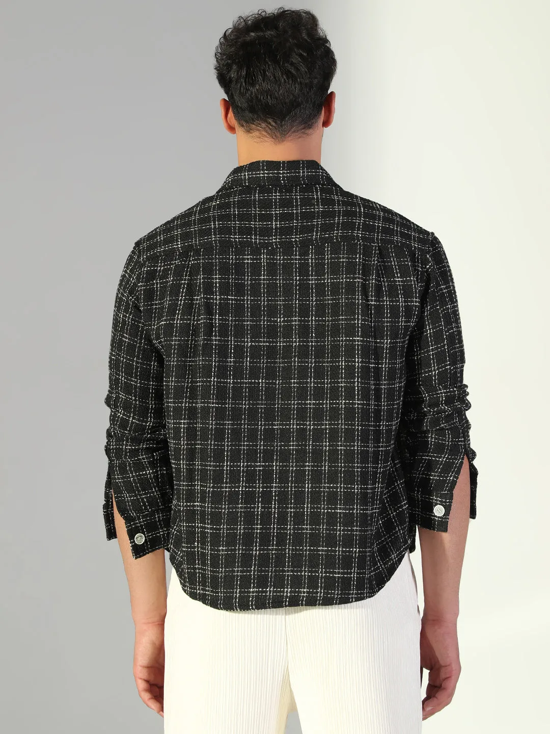 Chic Vibes Men's Checked Black Shacket with Single Pocket