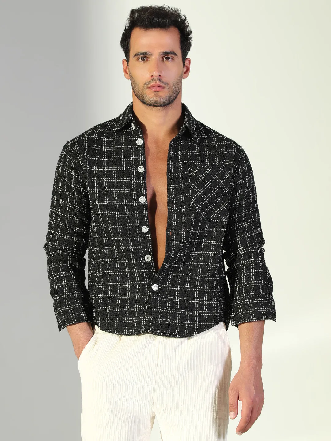 Fit For Comfort Men's Checked Black Shacket with Single Pocket