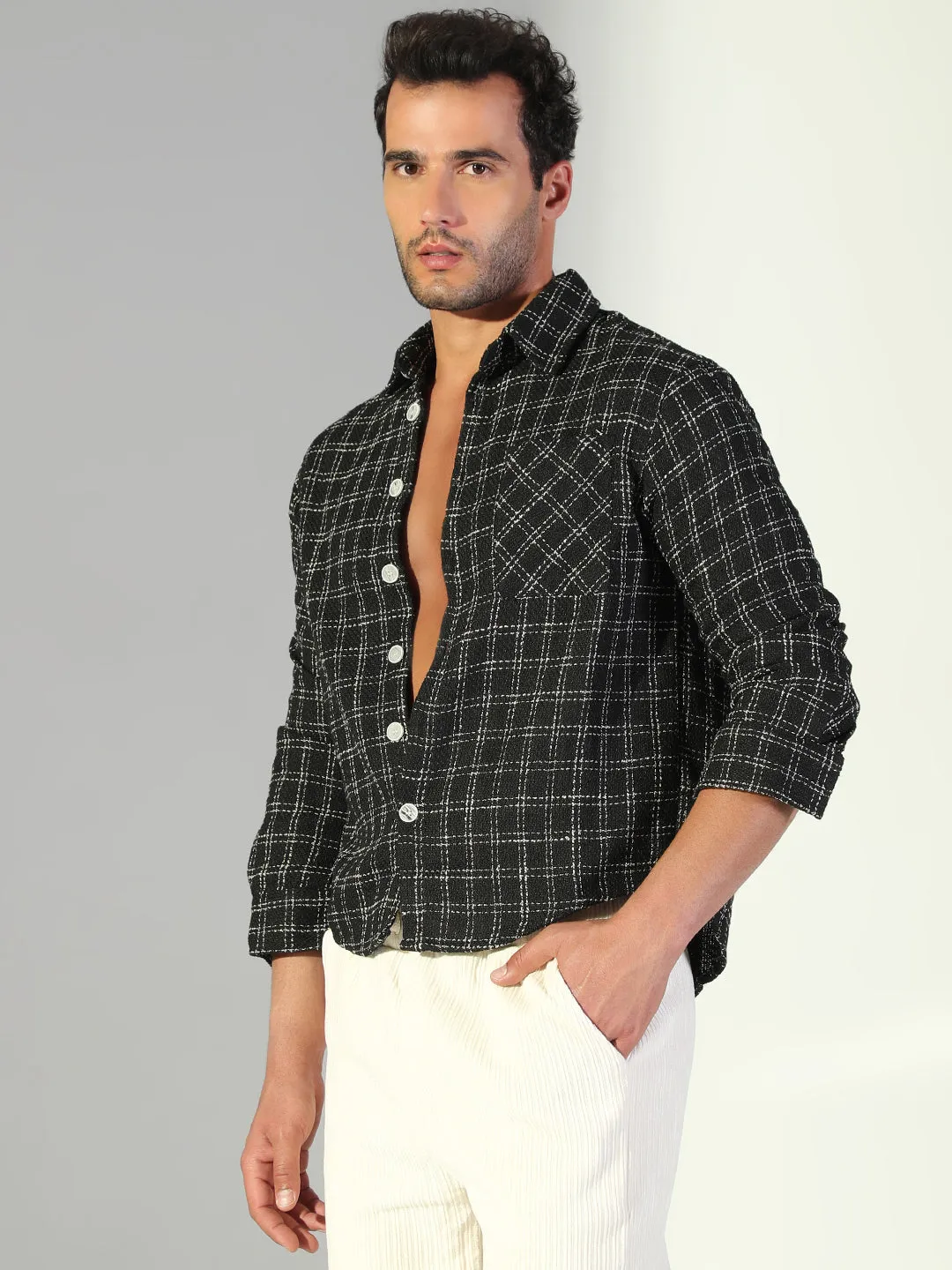 Men's Checked Black Shacket with Single Pocket Breathable mesh Collared formality