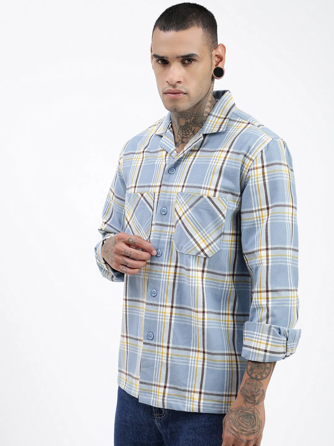 Men's Checked Blue Shacket Cozy Waist Chilly Comfort