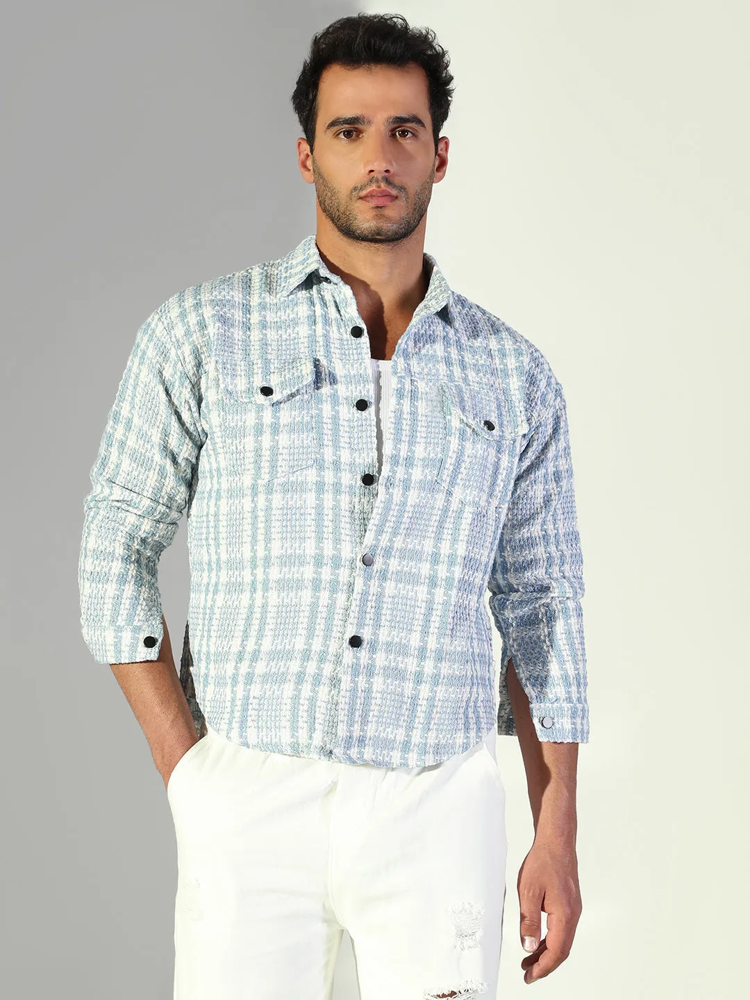 Soft Texture Cashmere combination Men's Checked Blue Shacket with Pockets