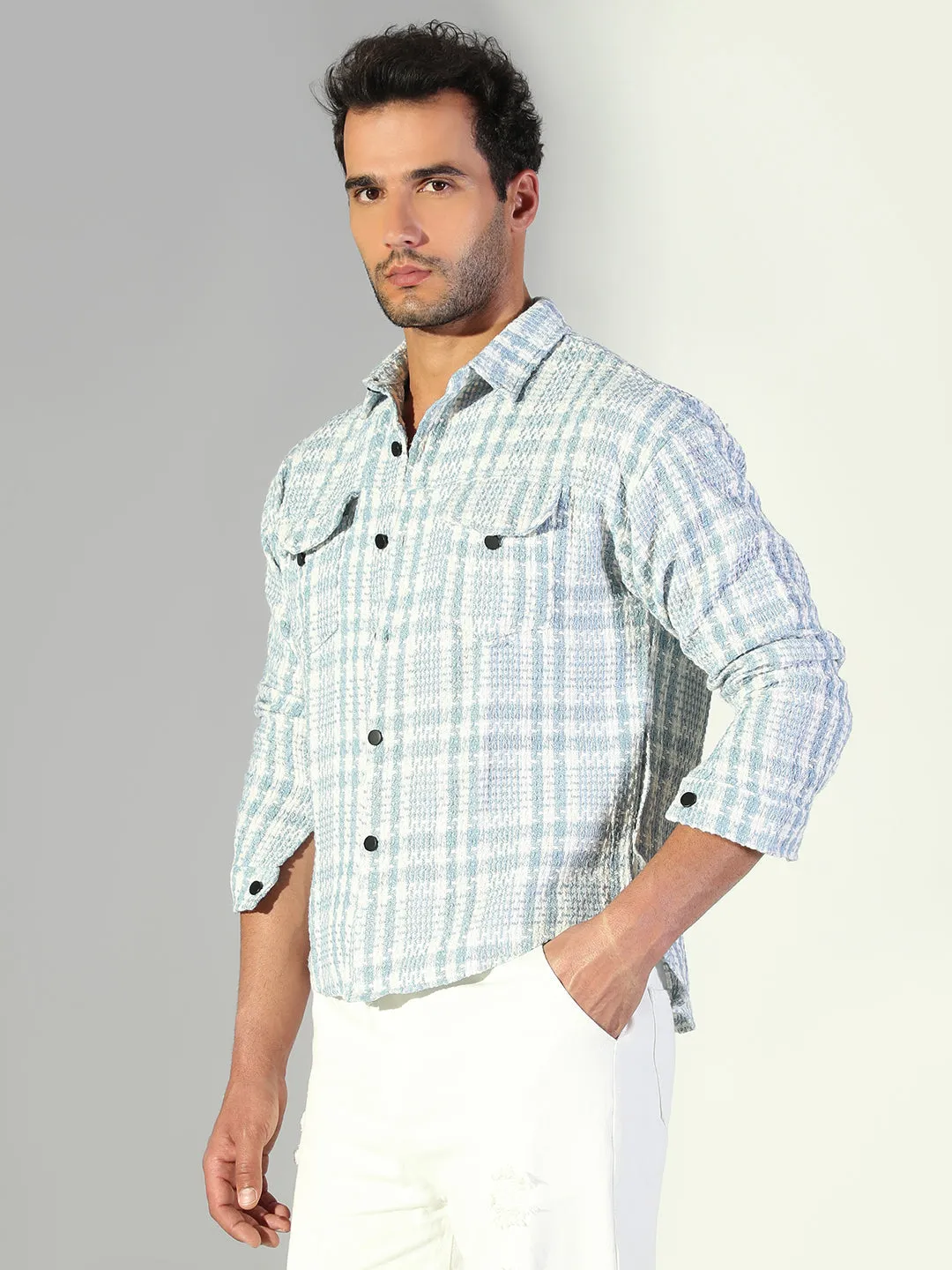No-Fuss Design Men's Checked Blue Shacket with Pockets