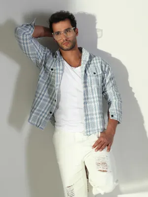 Minimalist Stitching Men's Checked Blue Shacket with Pockets