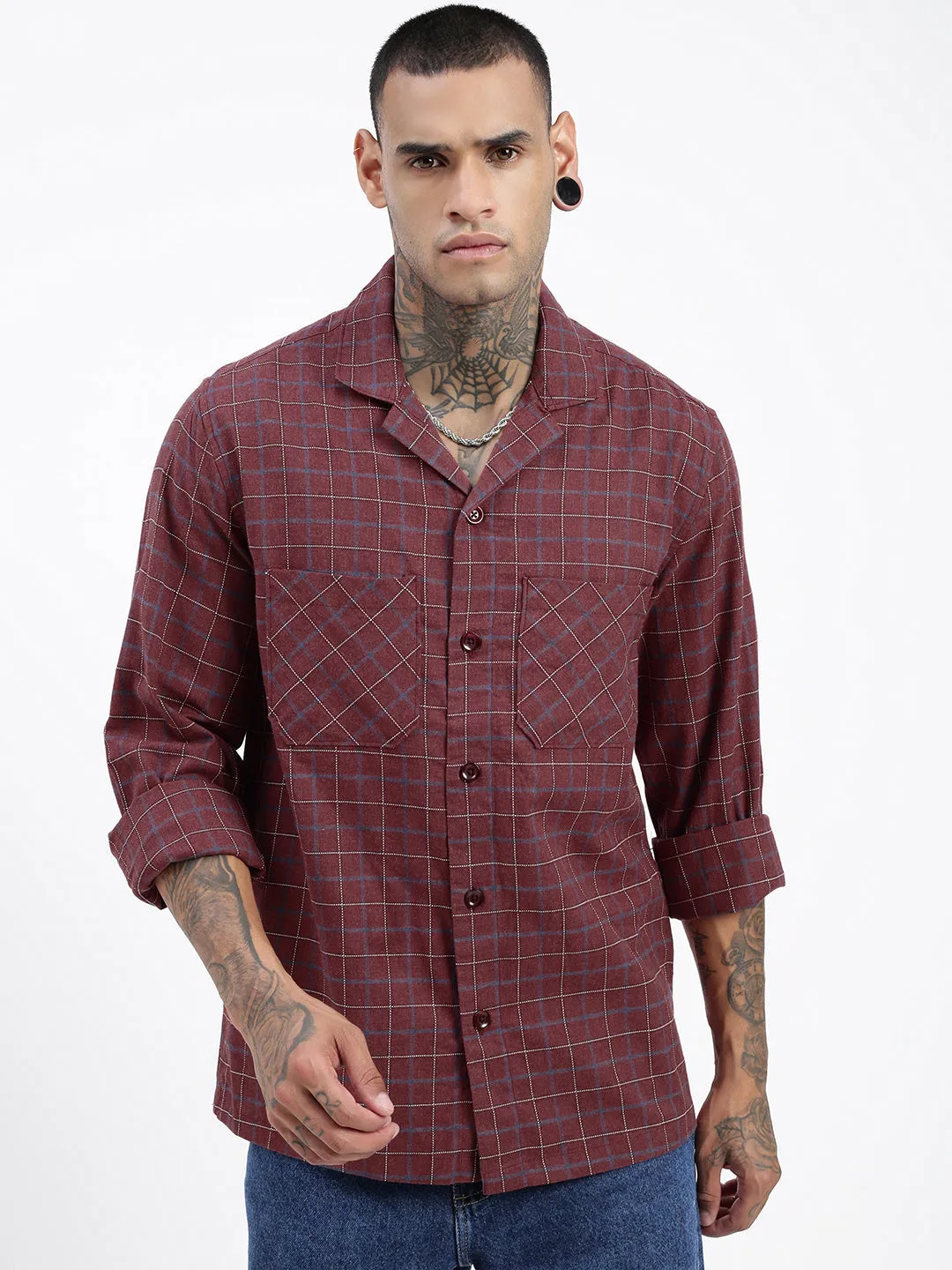 Street Trend Look Non Toxic Materials Men's Checked Maroon Shacket