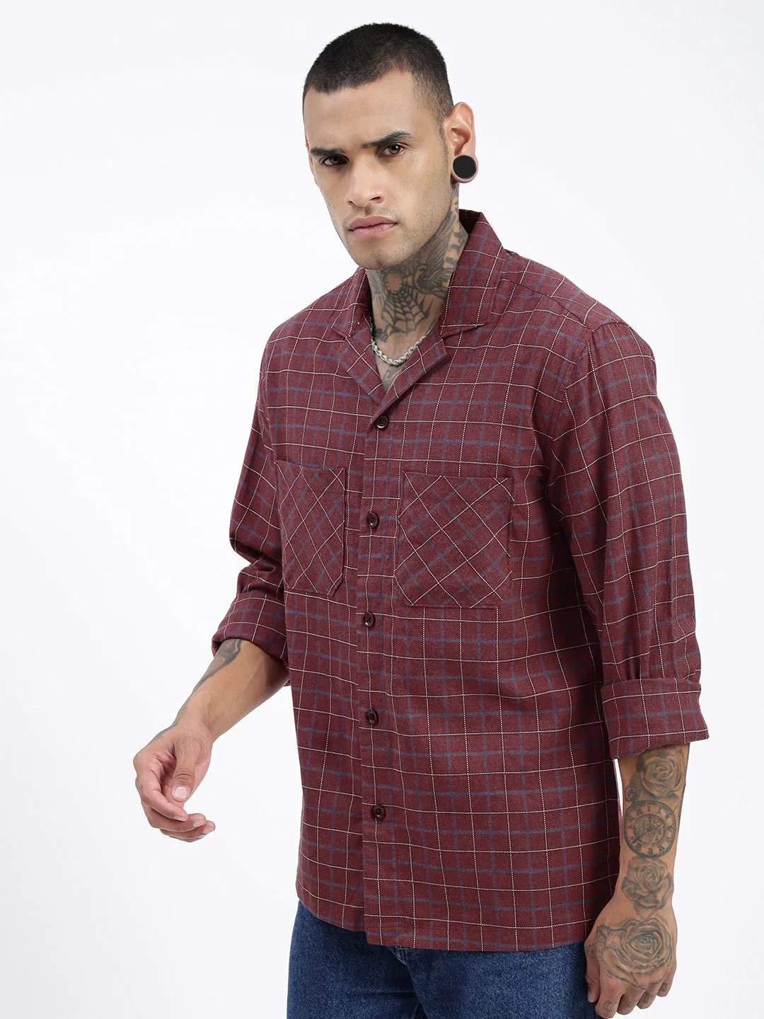 Chafe Free Armhole Men's Checked Maroon Shacket