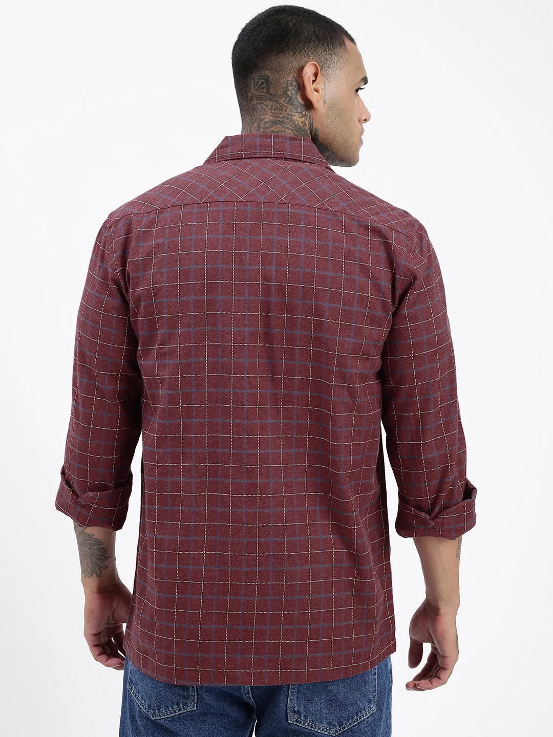 Men's Checked Maroon Shacket Trendy popularity Casual Essentials Wear