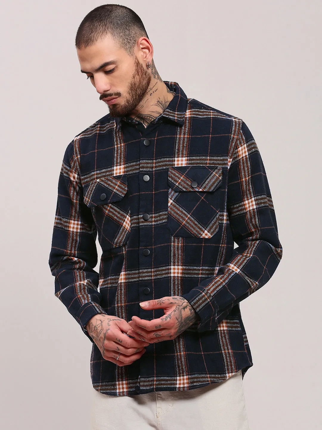 Men's Checked Navy Blue Shacket Tagless Comfort SunProtectionFabric