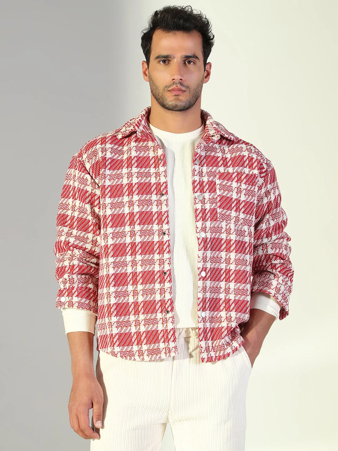 Men's Checked Red Shacket Stretchable Armholes