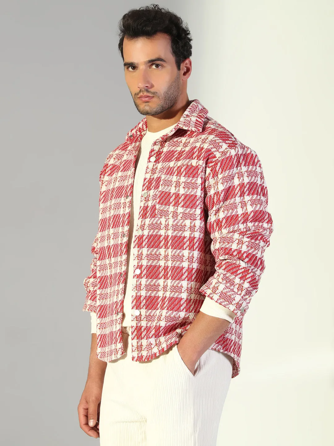 BreathableMeshLining Men's Checked Red Shacket with Single Pocket
