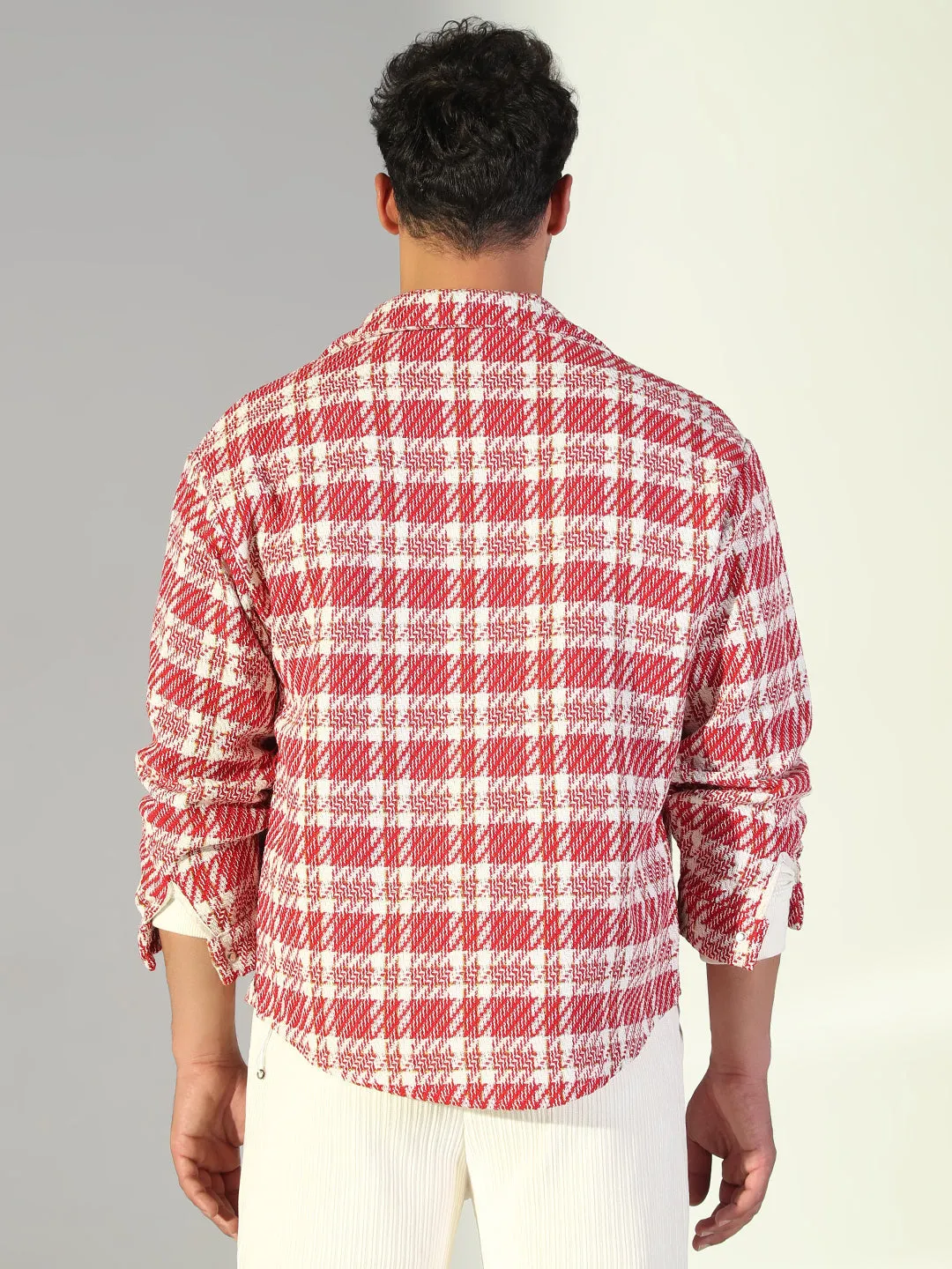 Sporty Vibe Reinforced Shoulder Seams Men's Checked Red Shacket with Single Pocket