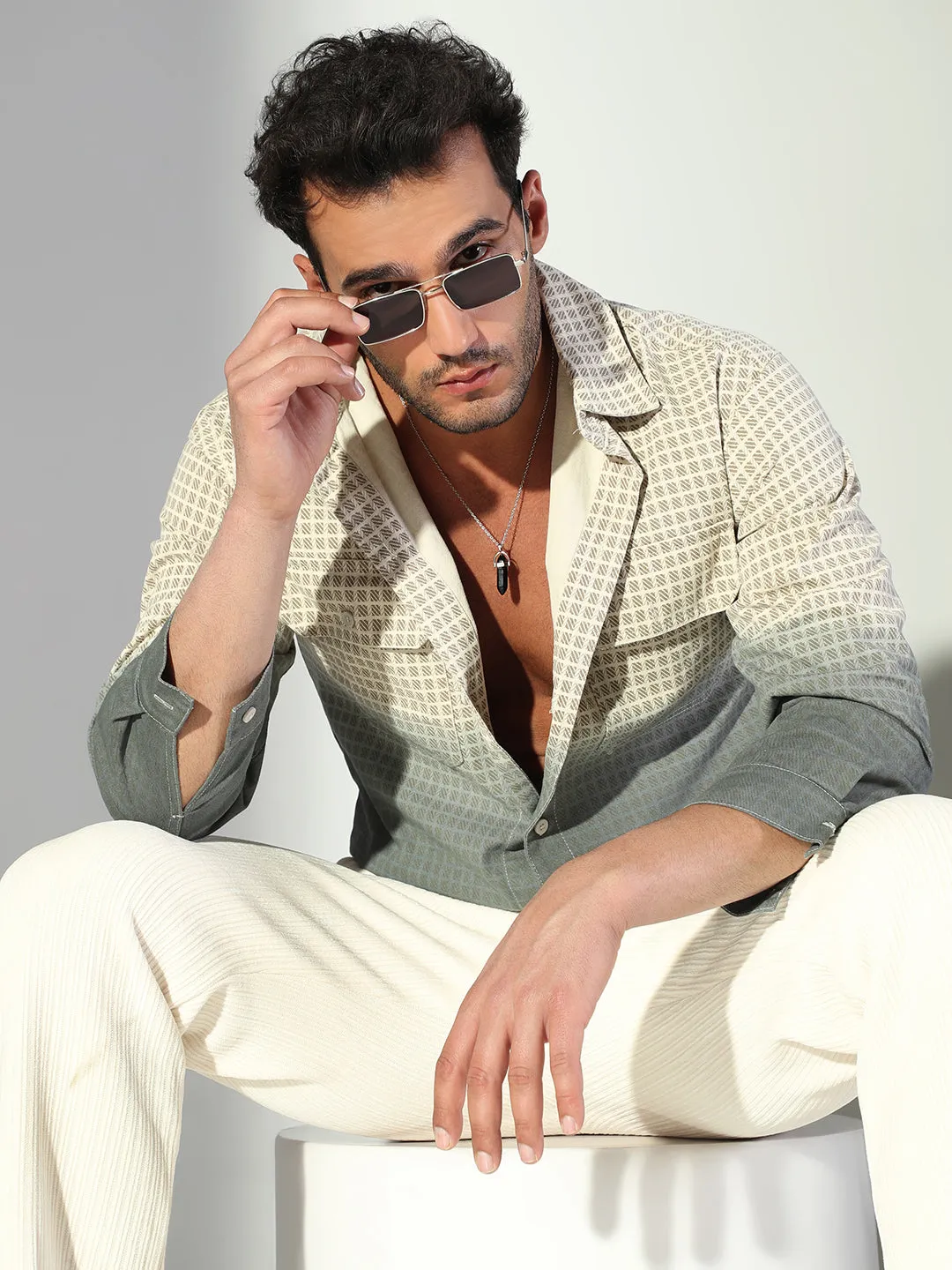 Sporty Stretch Fit Men's Checks Ombre Beige Shacket