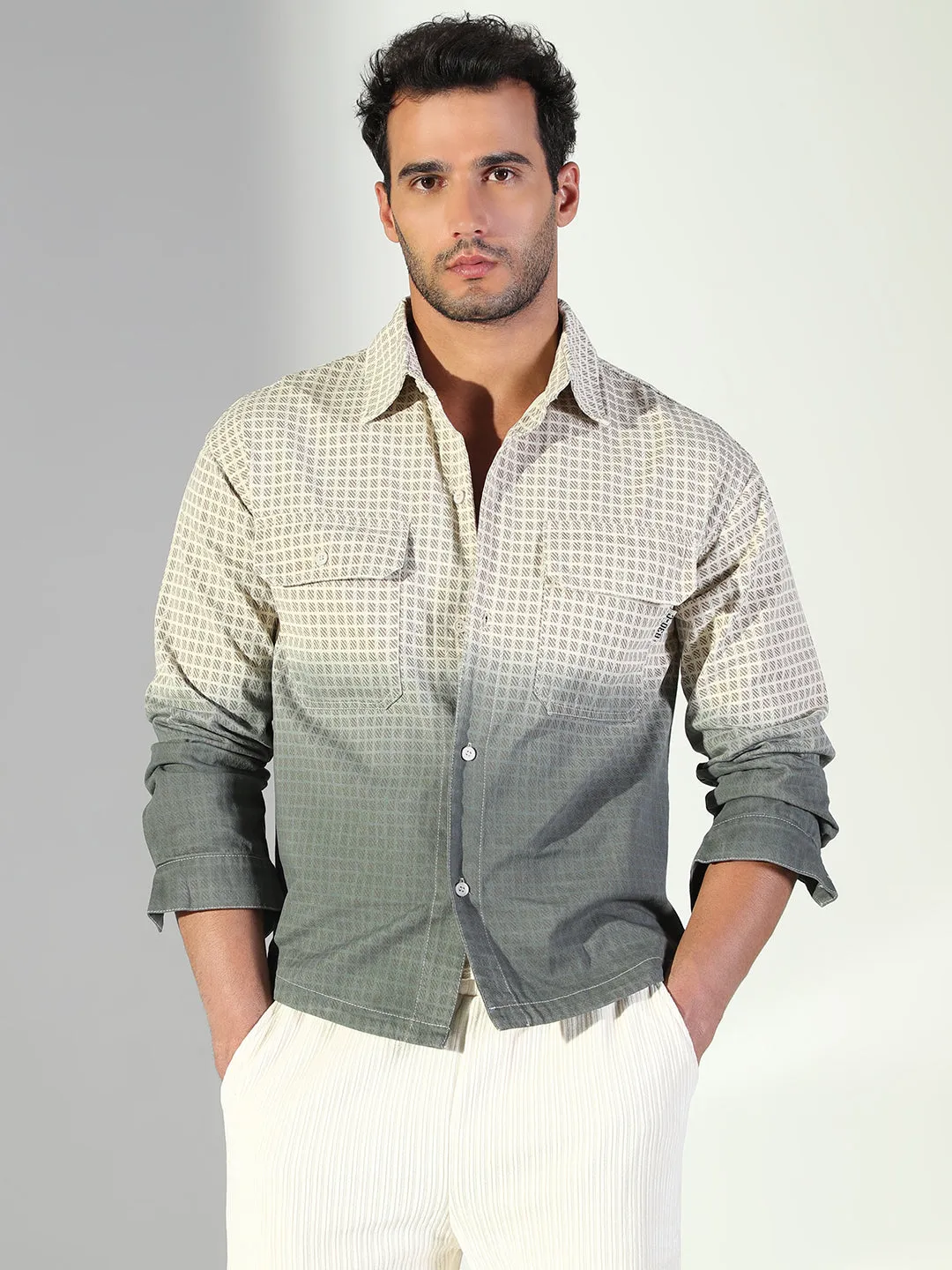 Men's Checks Ombre Beige Shacket Raw Hem Finish Slim Waistband