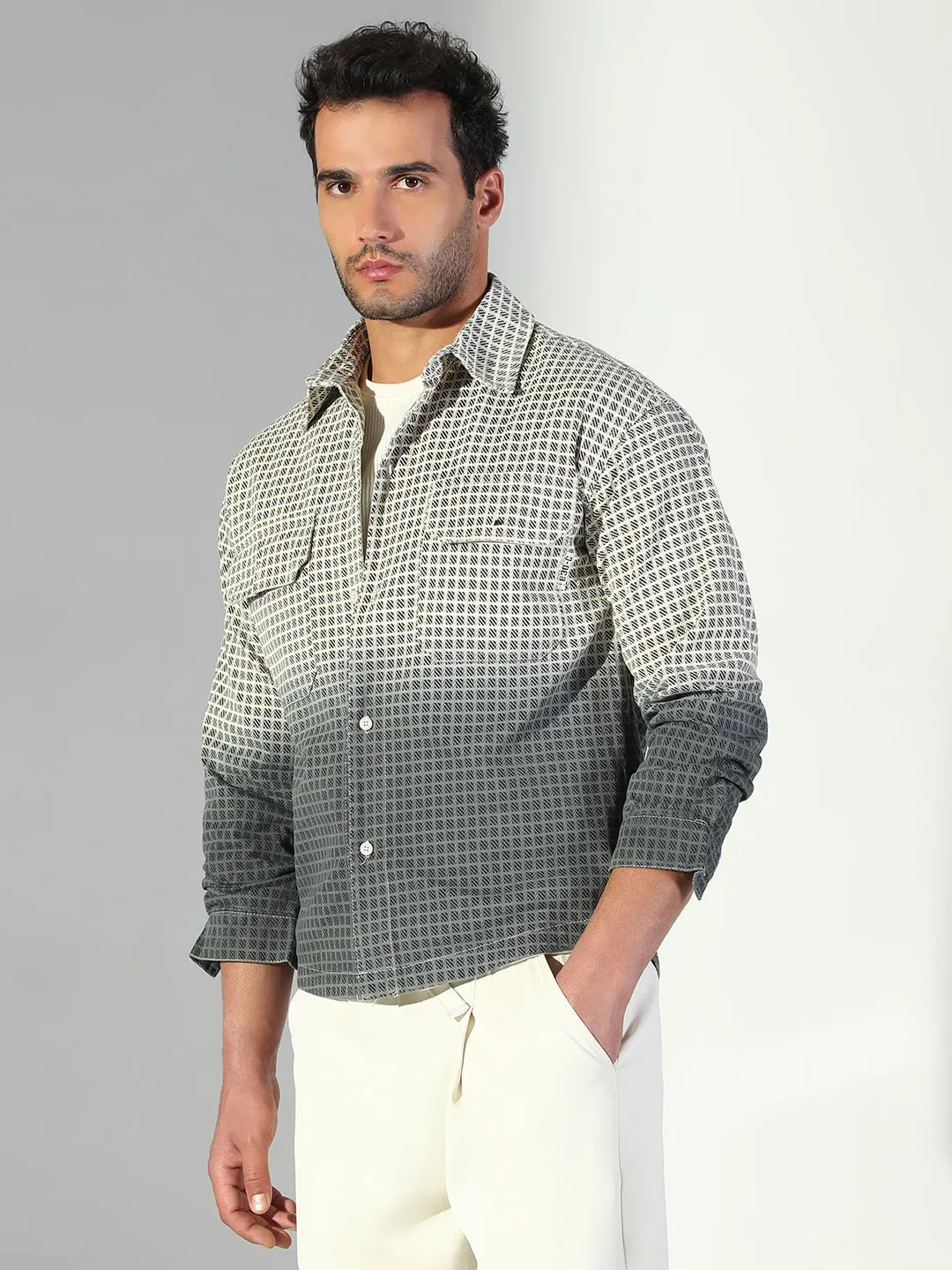 Comfy Choice High Density Weave Men's Checks Ombre Grey Shacket