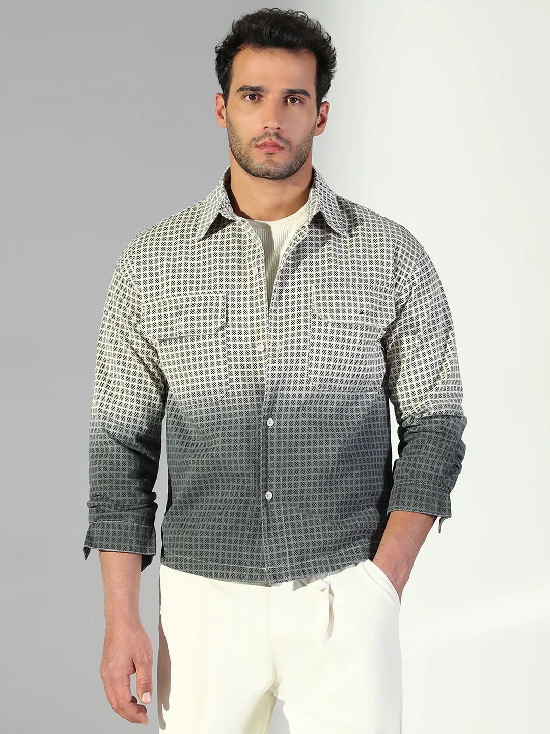 FadeResistantPrint Men's Checks Ombre Grey Shacket
