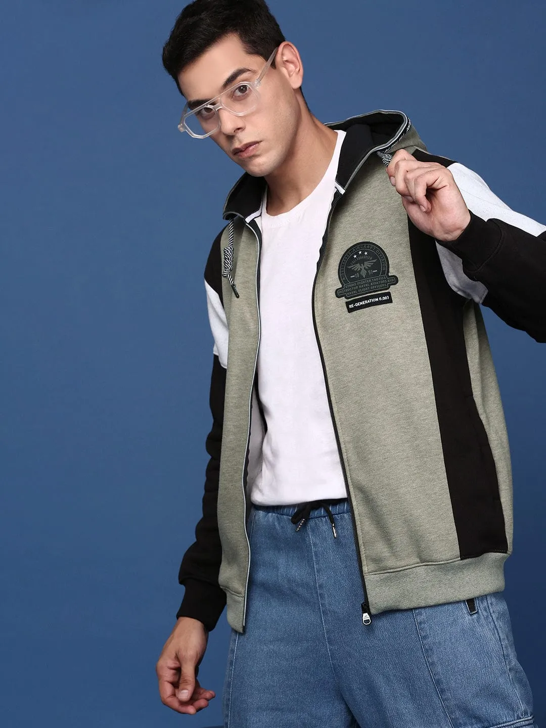 Asymmetric Hemline Men's Colourblocked Olive Hooded Bomber Jacket