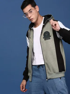 Asymmetric Hemline Men's Colourblocked Olive Hooded Bomber Jacket