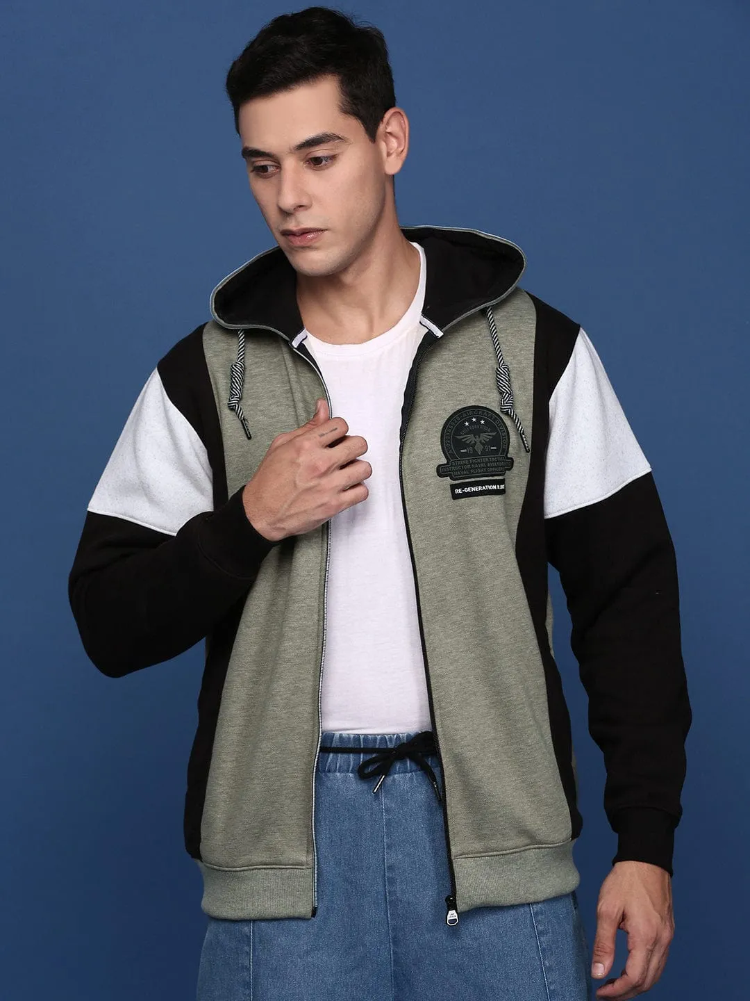 Urban Edge Men's Colourblocked Olive Hooded Bomber Jacket