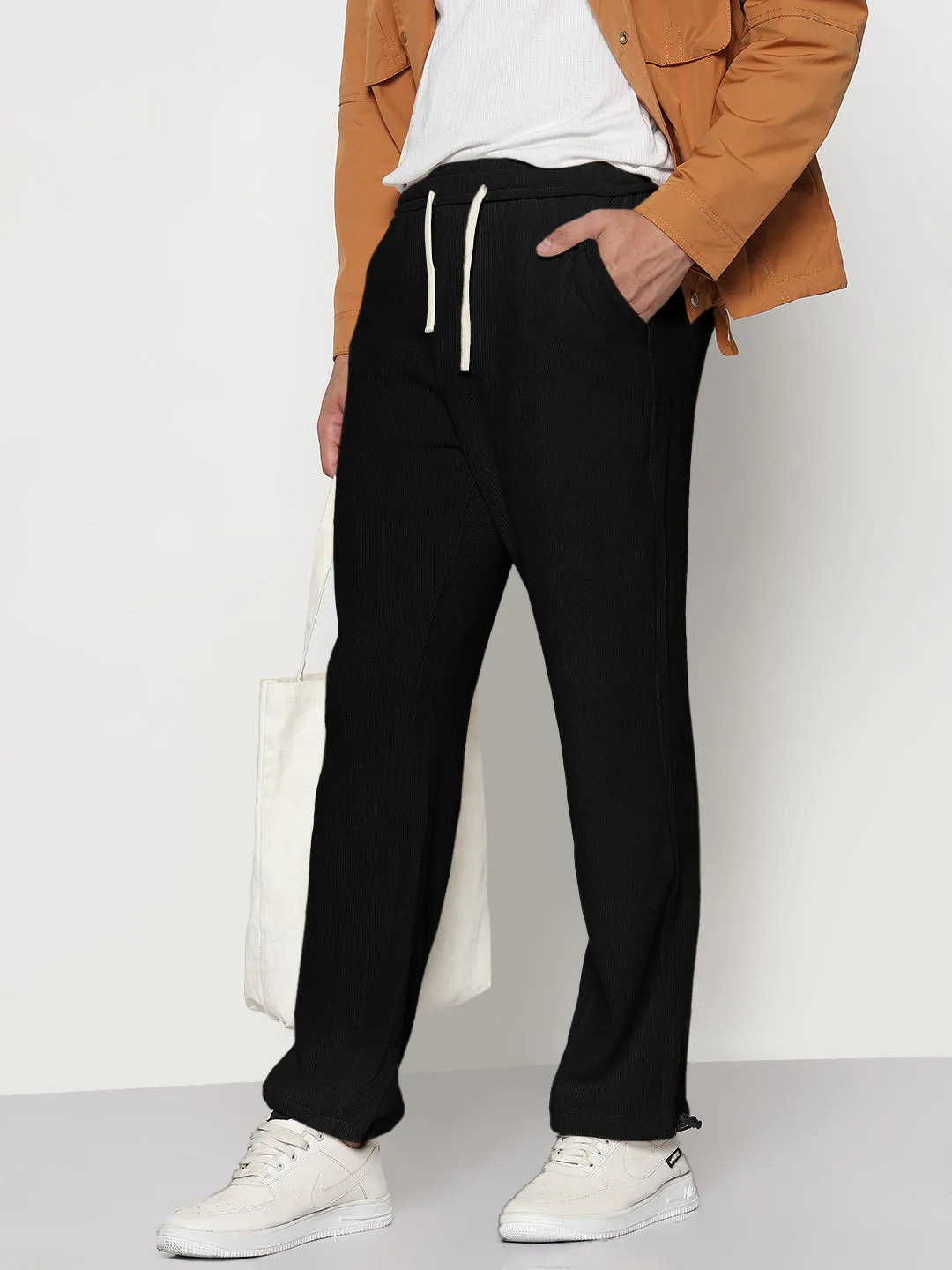 Timeless Design Yoga Ready Men's Corduroy Black Straight Fit Trousers