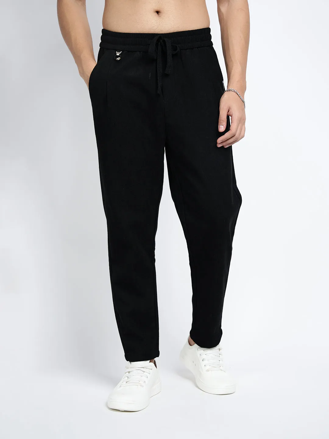 Men's Corduroy Black Tapered Fit Trousers Travel-Ready