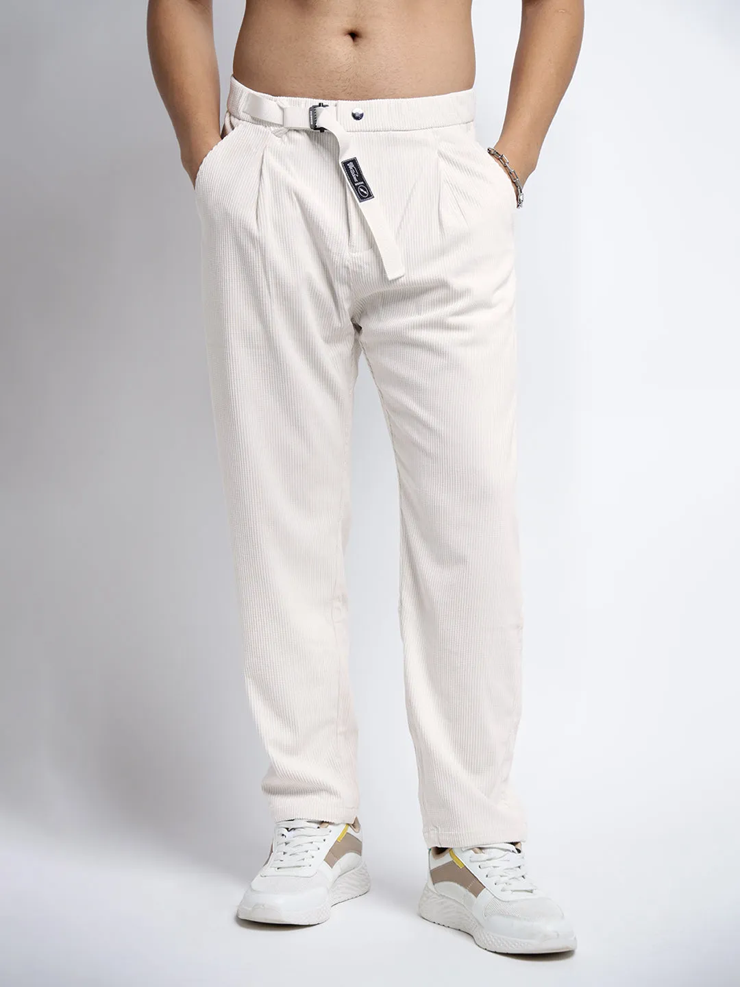 Men's Corduroy Off White Regular Fit Trousers with attached Belt Casual Stretch Wear