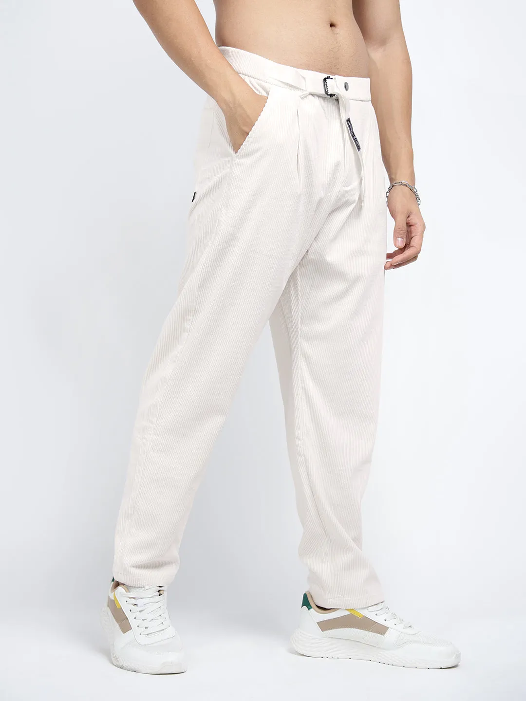 UltraSoftLining Men's Corduroy Off White Regular Fit Trousers with attached Belt